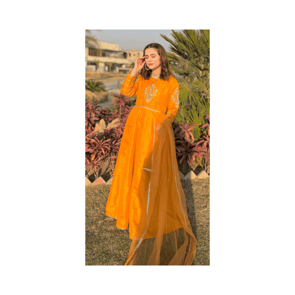 Raaspret – Pret Wear – Ready to Wear Apricot Orange Umbrella Frock | Mayaar