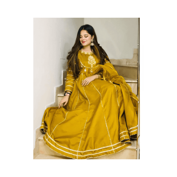 Raaspret – Pret Wear – Ready to Wear Mustard Tilla Embroidery Pishwas Frock | Mayaar