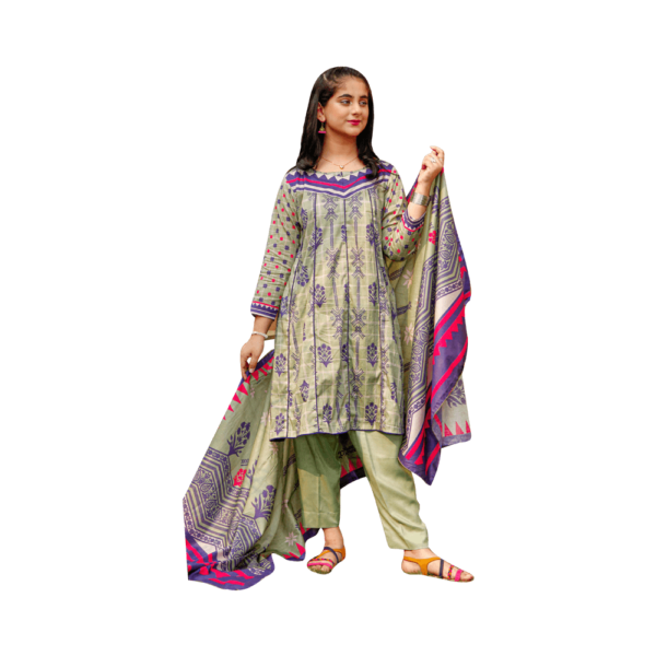 3-Piece Printed Lawn – Olive Green Unstitched Lawn with Dupatta | Mayaar