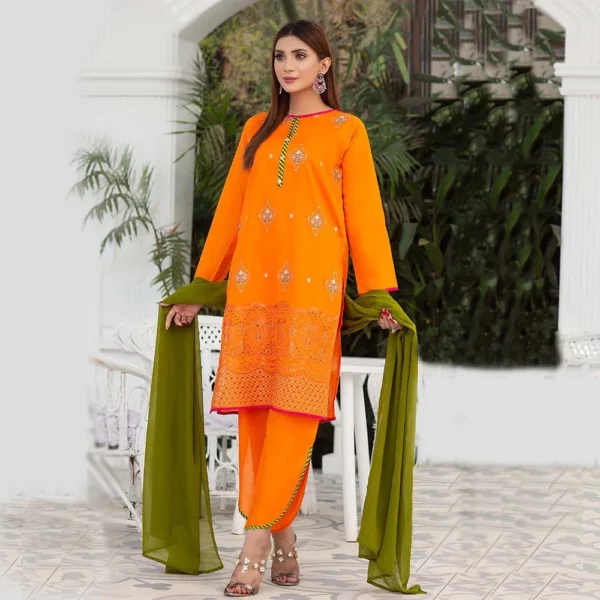 Embroidered Lawn Suit - Rusty Orange | Sparkles Lawn | 3-Piece Stitched Lawn Suit | Mayaar