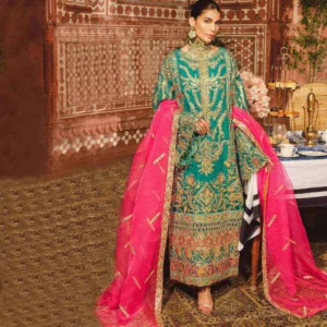 Unstitched 3-Piece Green Heron Embroidered Formal Dress – Party Wear | Mayaar