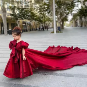Bloon - Luxury Stitched Long Tail Kids Frock | Aira’s Red Silk line Dress | Mayaar