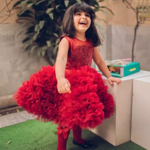 Bloon - Luxury Stitched Long Tail Frock for Kids | Ruffles Maroon Net Kids Dress | Mayaar