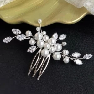 Hair Adornments- Bun Hair Style | Glam White Beads and crystal Comb Pin | Mayaar