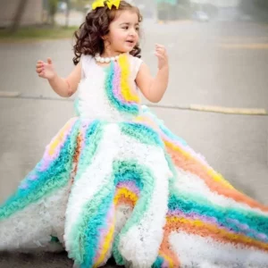 Bloon Luxury Stitched Long Tail Kids Frock | Peacock Long Frock Dress for Kids | Mayaar