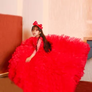 Bloon - Luxury Stitched Frock Dress for Kids | Red Flow of Frills Frock Dress | Mayaar