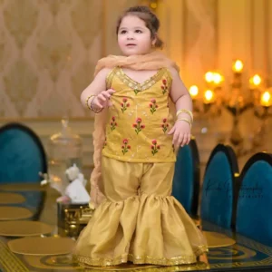Bloon | Stitched Gold Sharara Festive Wear Dress | Pret Wear for Kids | Mayaar